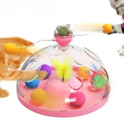 DOWNYPAWS - Canne à pêche pour chat-jouet plateau tournant pour chat et balle-jouet interactif avec boules d'herbe à chat, rose