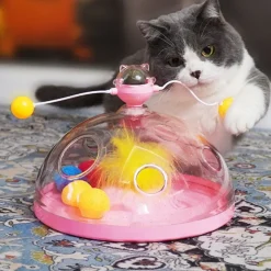 DOWNYPAWS - Canne à pêche pour chat-jouet plateau tournant pour chat et balle-jouet interactif avec boules d'herbe à chat, rose