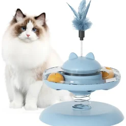 DOWNYPAWS - Canne à pêche pour chat-jouet plateau tournant pour chat-jouet interactif avec plumes, bleu